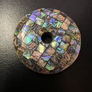 Faux Abalone Shell Donut Pendant Reversible Round Mosaic Pink Blue Iridescent